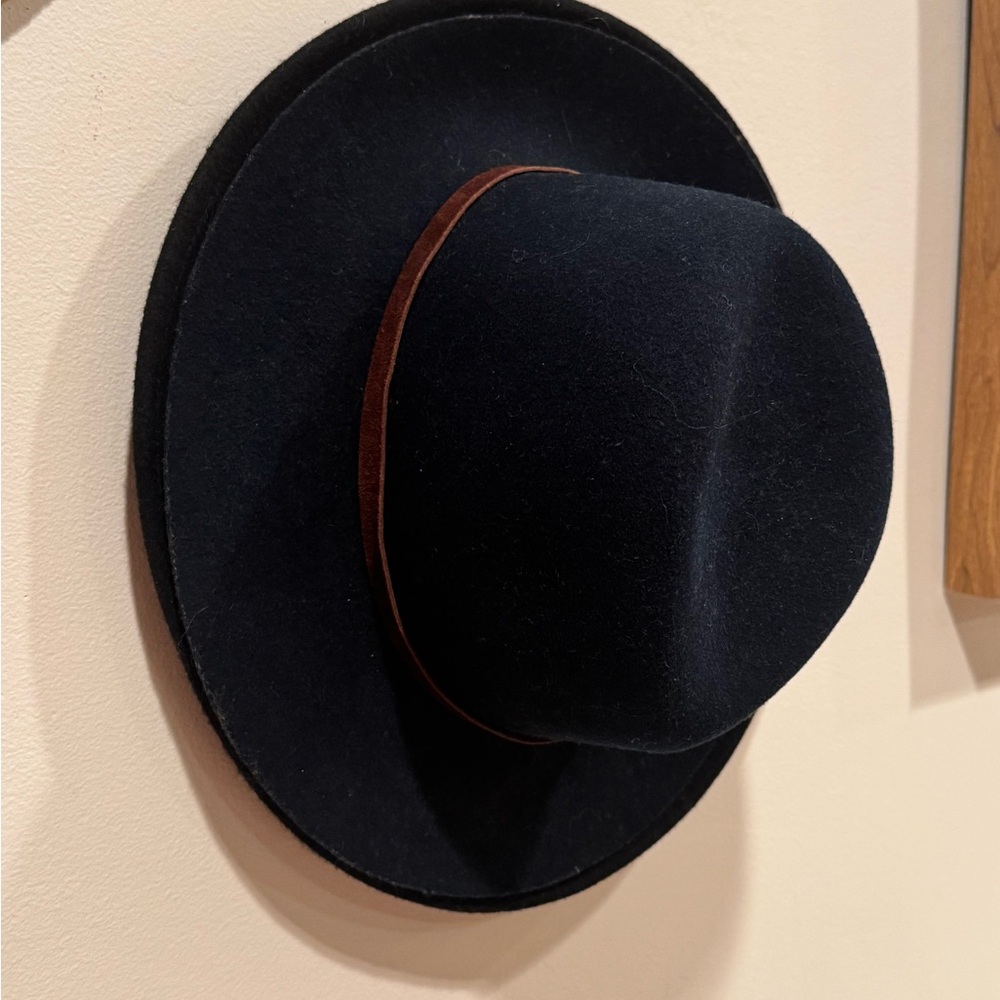 Rag & Bone Navy wool fedora Hat with brown leather strap, M